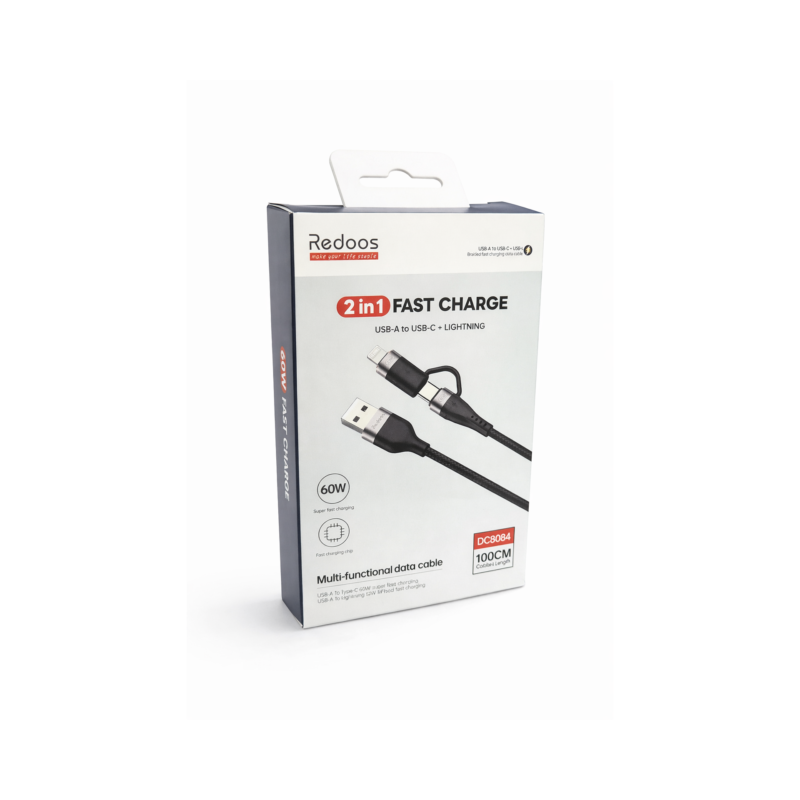 Cable Carga Rápida 2 en 1 Redoos 60W USB-A a Tipo C y Lightning Nylon Trenzado 1 Metro