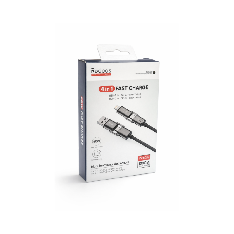 Cable Carga Rápida 4 en 1 Redoos 60W USB-C USB-A a Lightning Tipo C Nylon Trenzado 1m