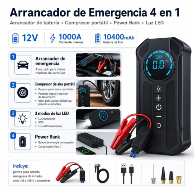 Arrancador de Emergencia 4 en 1 1000A con Compresor, Power Bank y Luz LED - Imagen 2